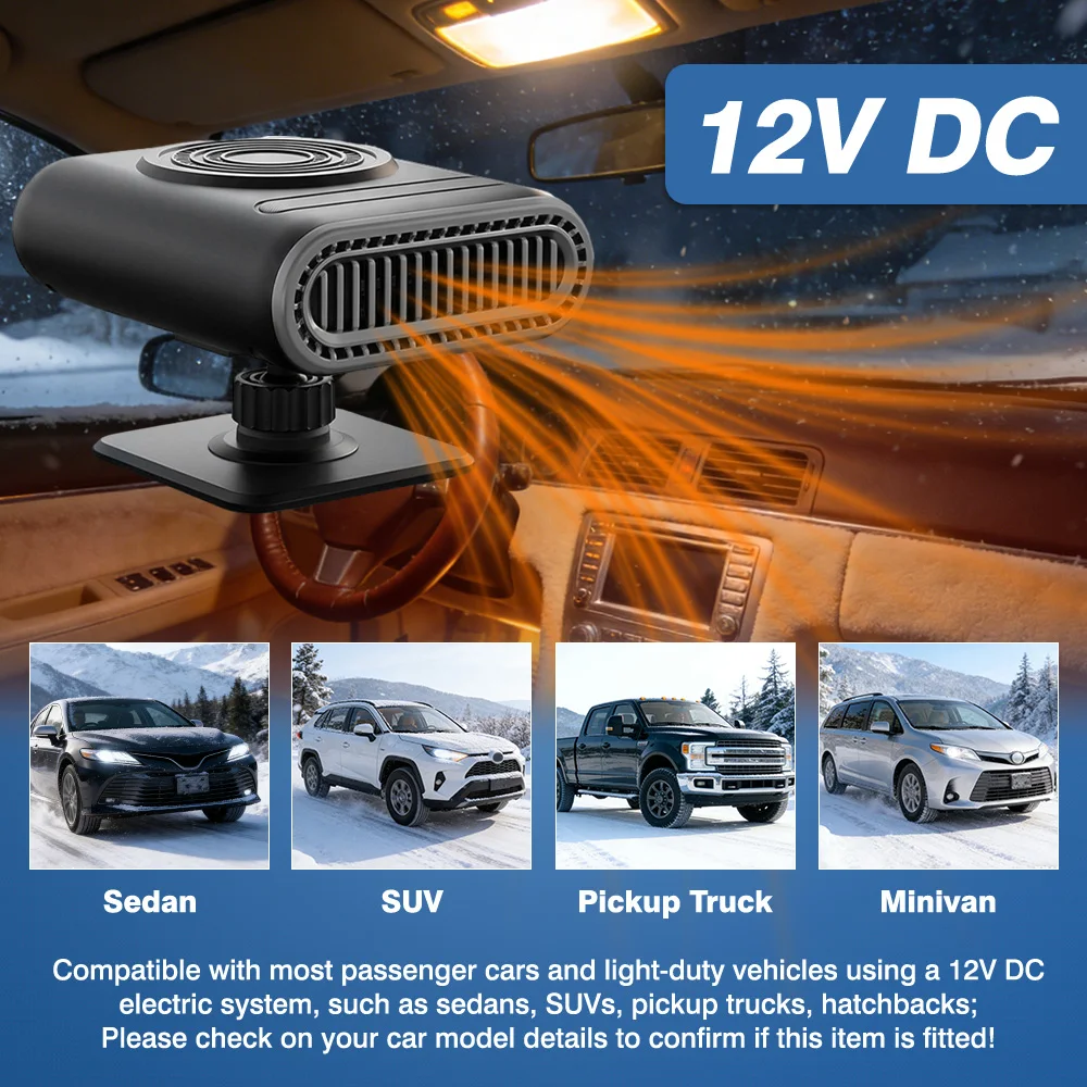 12V Car Heater Fan 120W Efficient Fast Heat Auto Windshield Defrost Defog Heater Fan 360° Adjustable Base for Truck Van SUV