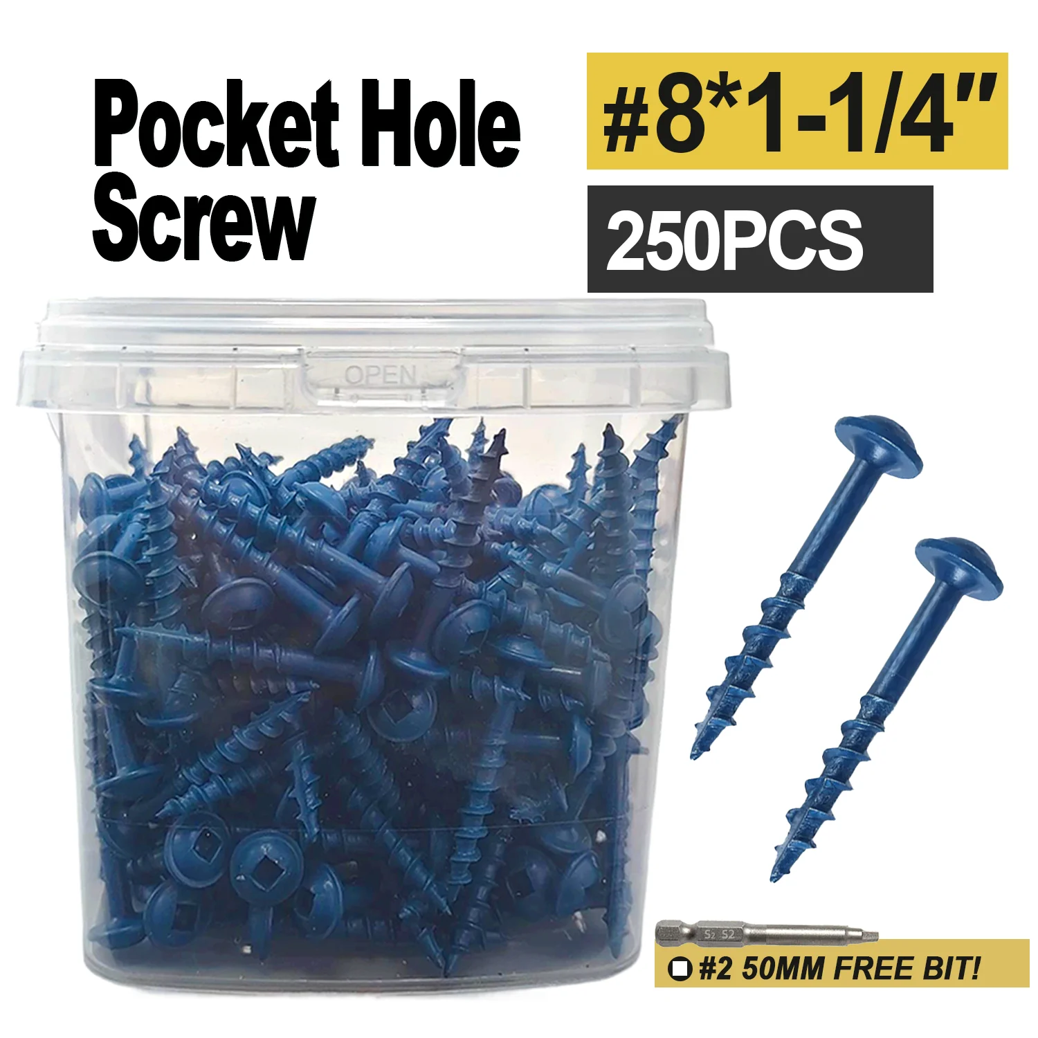 

VKKM1-1/4 Inch Pocket Screws, Square Slot Screws #8*1-1/4, 250Pieces, Blue Anti-rust Coating, Square Drive, Including 50MM Drive