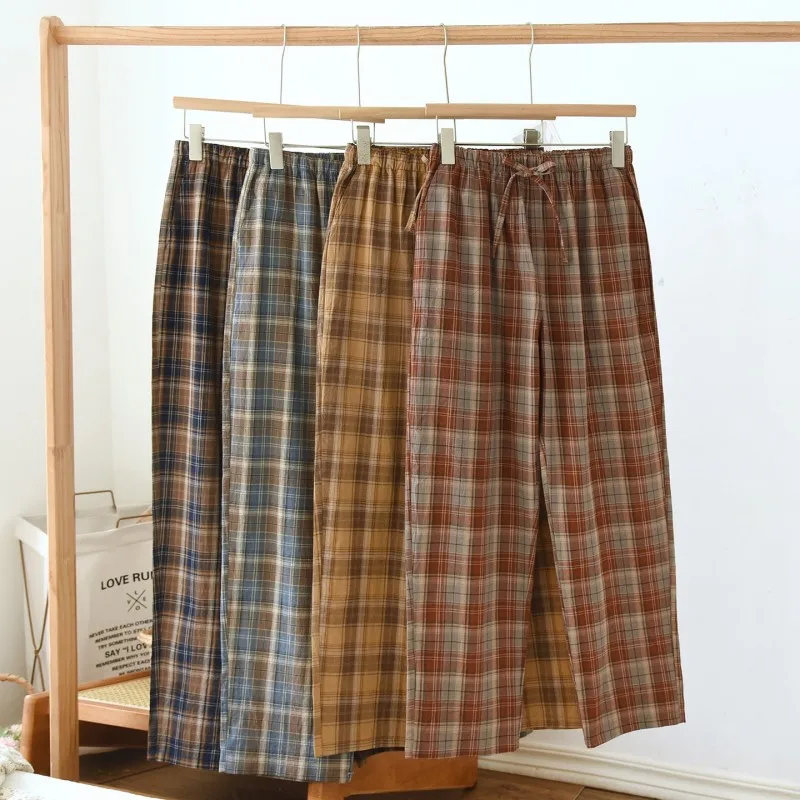 Spring Autumn Men Women Sleep Pants 100% Cotton Pants Couples Loose Large Home Casual Checkered Home Pants Plaid Bottoms