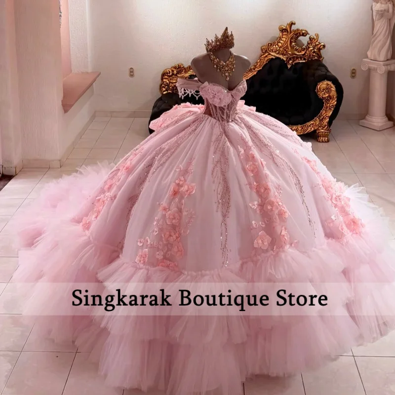 Pink Quinceanera Dress Beads Crystal 3D Flower Decal Long tail off-shoulder Layering Bow Vestidos De 15 Quinceanera ﻿Customize