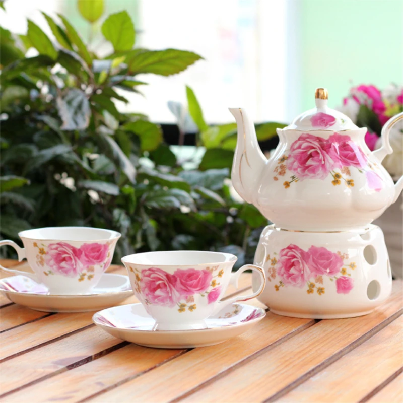 

6Pcs European Ceramic Flower Tea Set British Afternoon Black Tea Set Heatable Glass Teapot China Tea Cups And Saucers