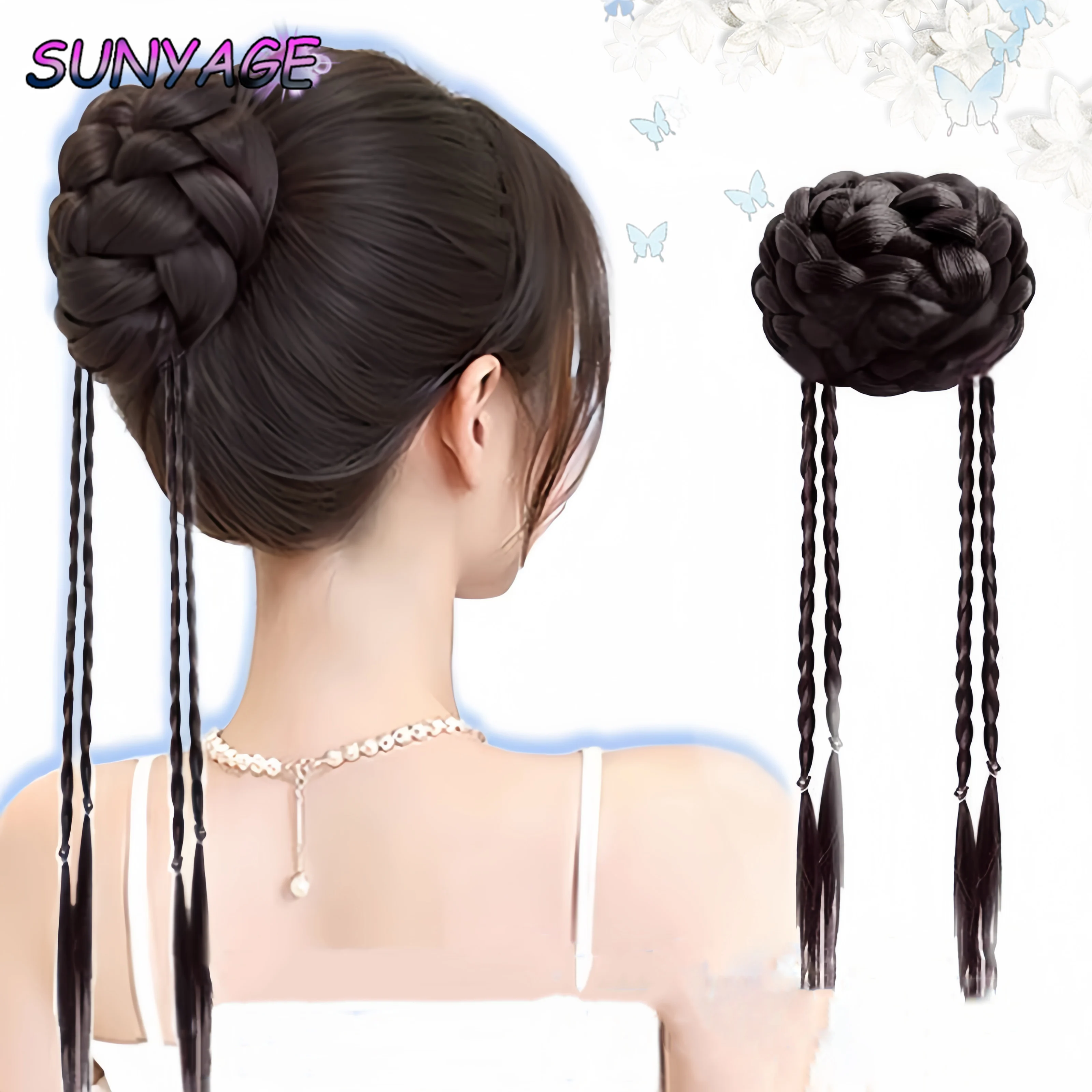 

SUNYAGE Synthetic wig ponytail twisted braid flower bud hair wrapped wig high cranial top hair texture and texture