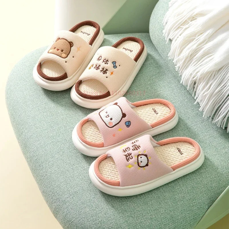 Cute Bubu Dudu Panda Mitao Cat Women Slippers Leisure Home Slides Outdoor Non-Slip Thick Sole Couple Hemp Sandals Ladies Shoes