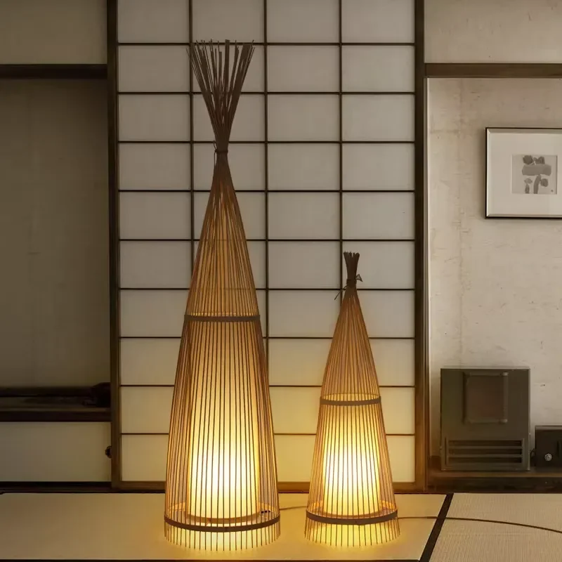 Retro Style Bamboo Rattan Floor Lamp for Living Room Tea Room Home Decor Natural Wicker Standing Light