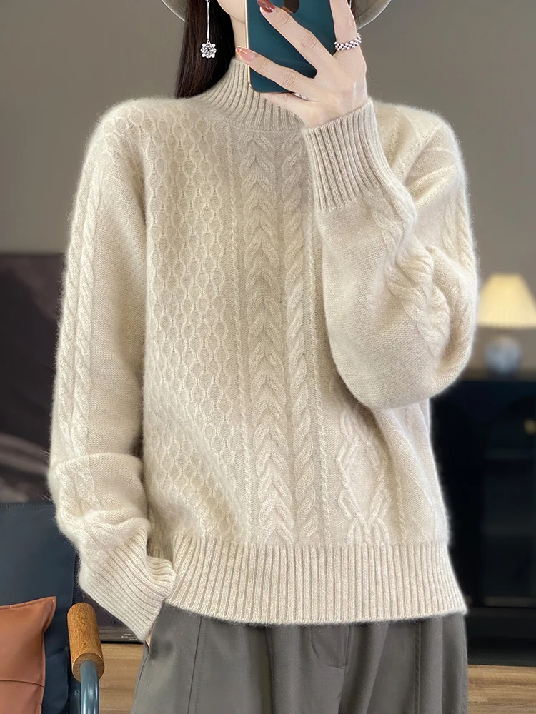 Autumn Winter Women Thick Sweater Mock Neck Pullover Twist Flower 100% Merino Wool Soft Warm Cashmere Knitwear Korean Fashion