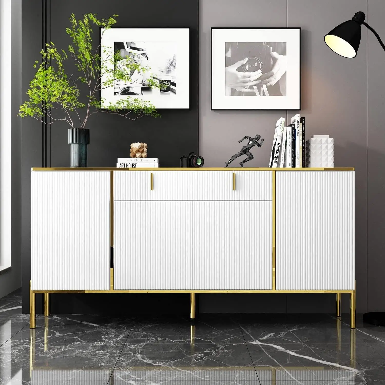 FAMAPY modern credenza sideboard buffet with drawer and pop-up doors, gold metal legs, for living room or hallway.