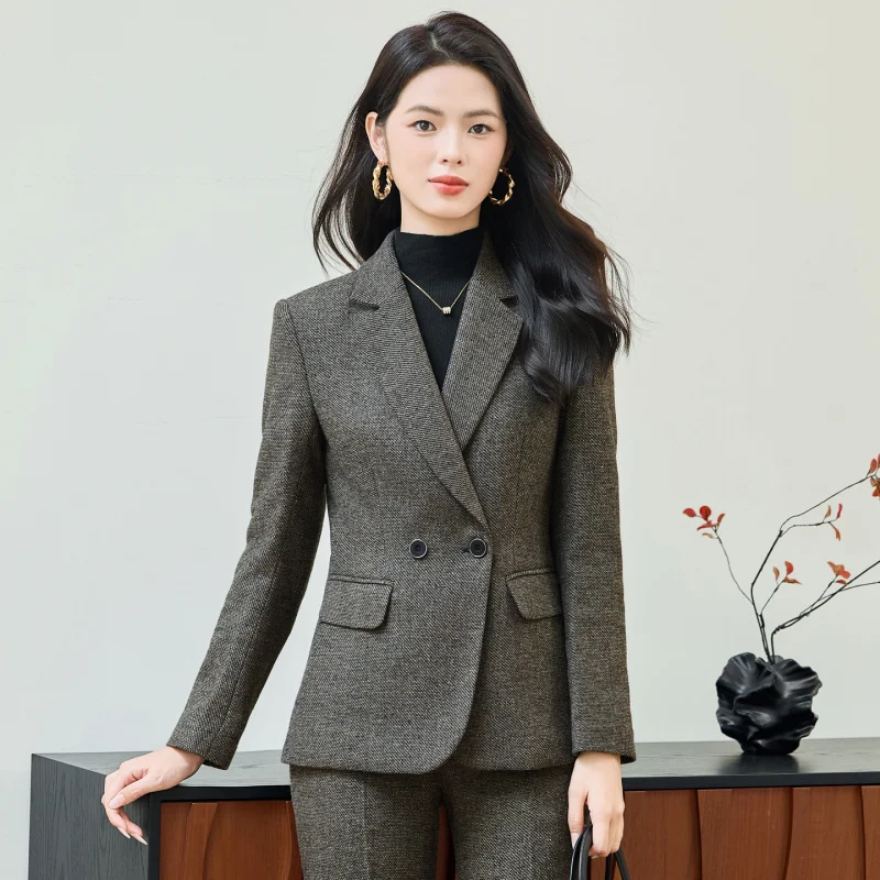 

Серый деловой пиджак для женщин, осень-зима 20225, новый утолщенный шерстяной элегантный повседневный модный костюм, официальная одежда
