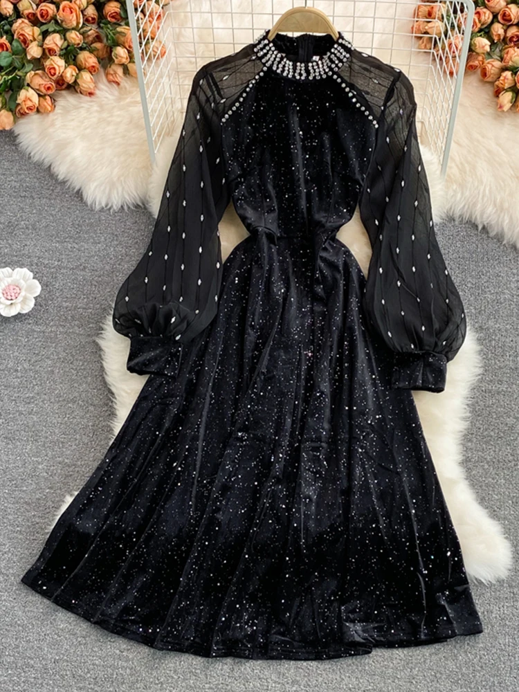 

FTLZZ Autumn Winter Elegant Women Stand Collar Puff Sleeve Dress Casual Lady Empire Slim Dress Sequined Party Dress