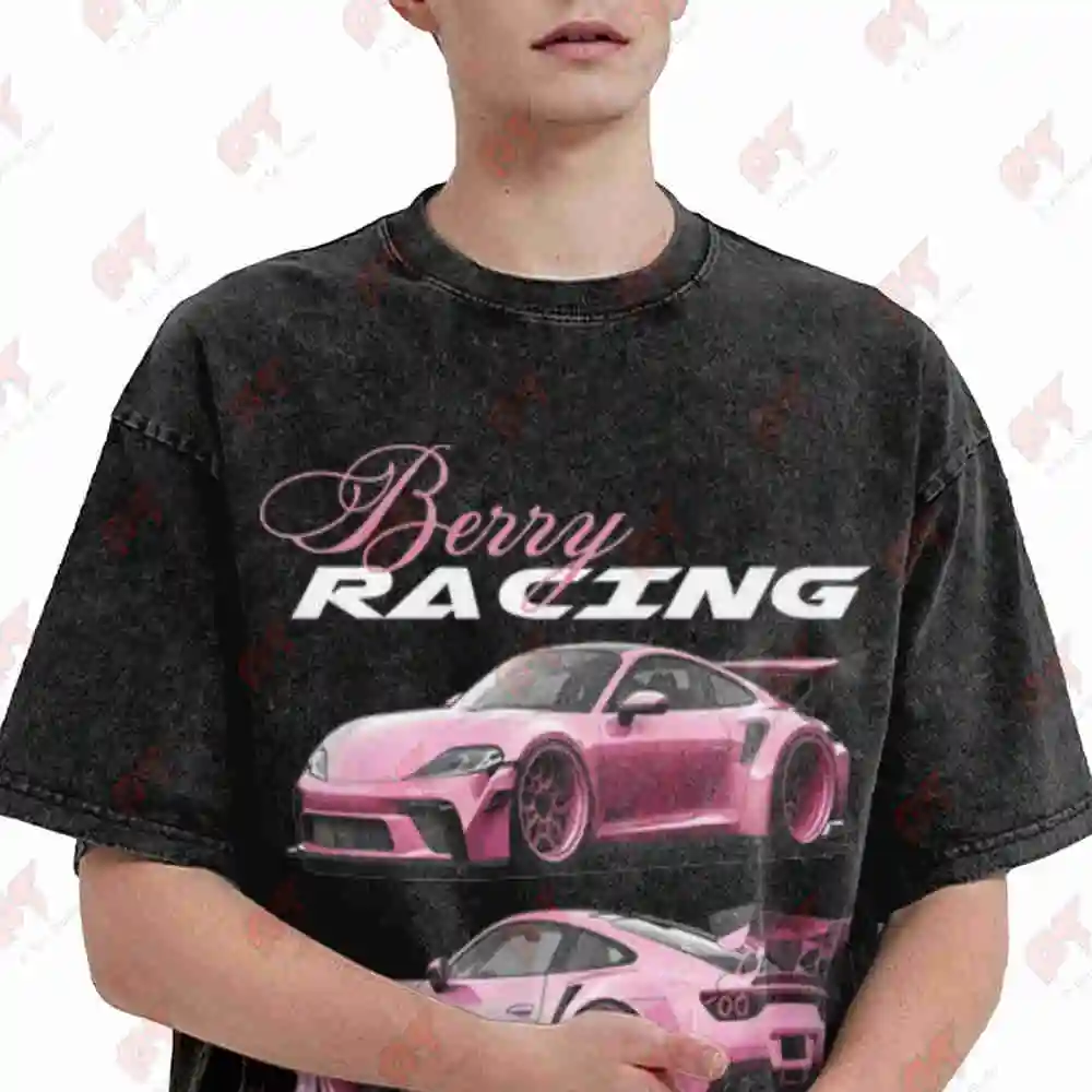 Stretchy Racing Car Berry Print Vintage Washed Tee Pure Cotton T-Shirt