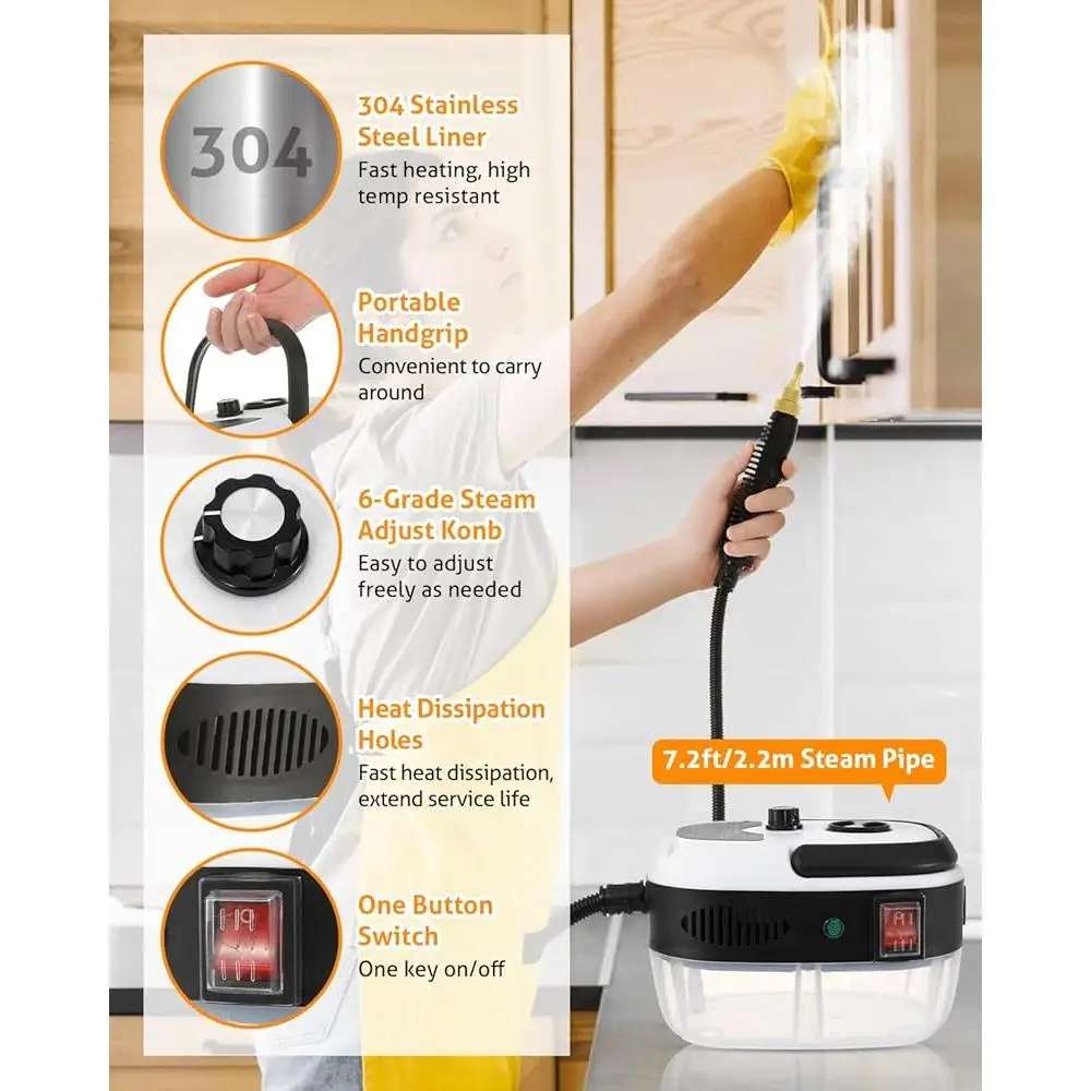 High Pressure Steam Cleaner 2500W Portable Handheld Steamer 105°C Multi Purpose Auto Detailing Machine with 3 Brush Heads