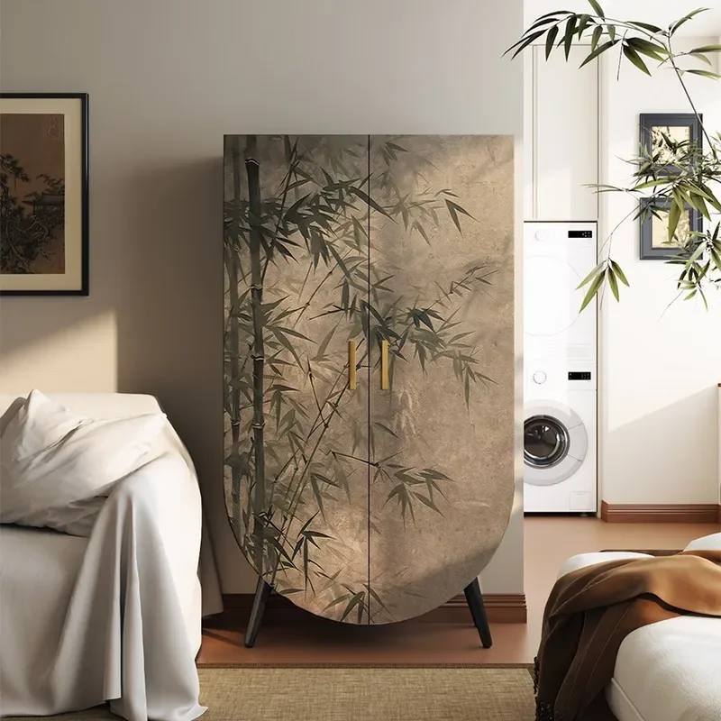 New Chinese Style Simple Bamboo Solid Wood Wardrobe Household Bedroom Cloakroom Integrated Hanging Cabinet Living Room Light