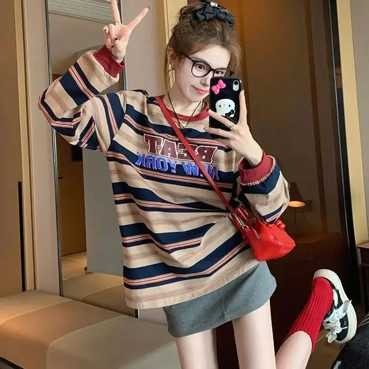 

American Retro Striped Long-Sleeved T-Shirt Women 2024 Early Autumn New Niche Design Bottoming Shirt Loose Top