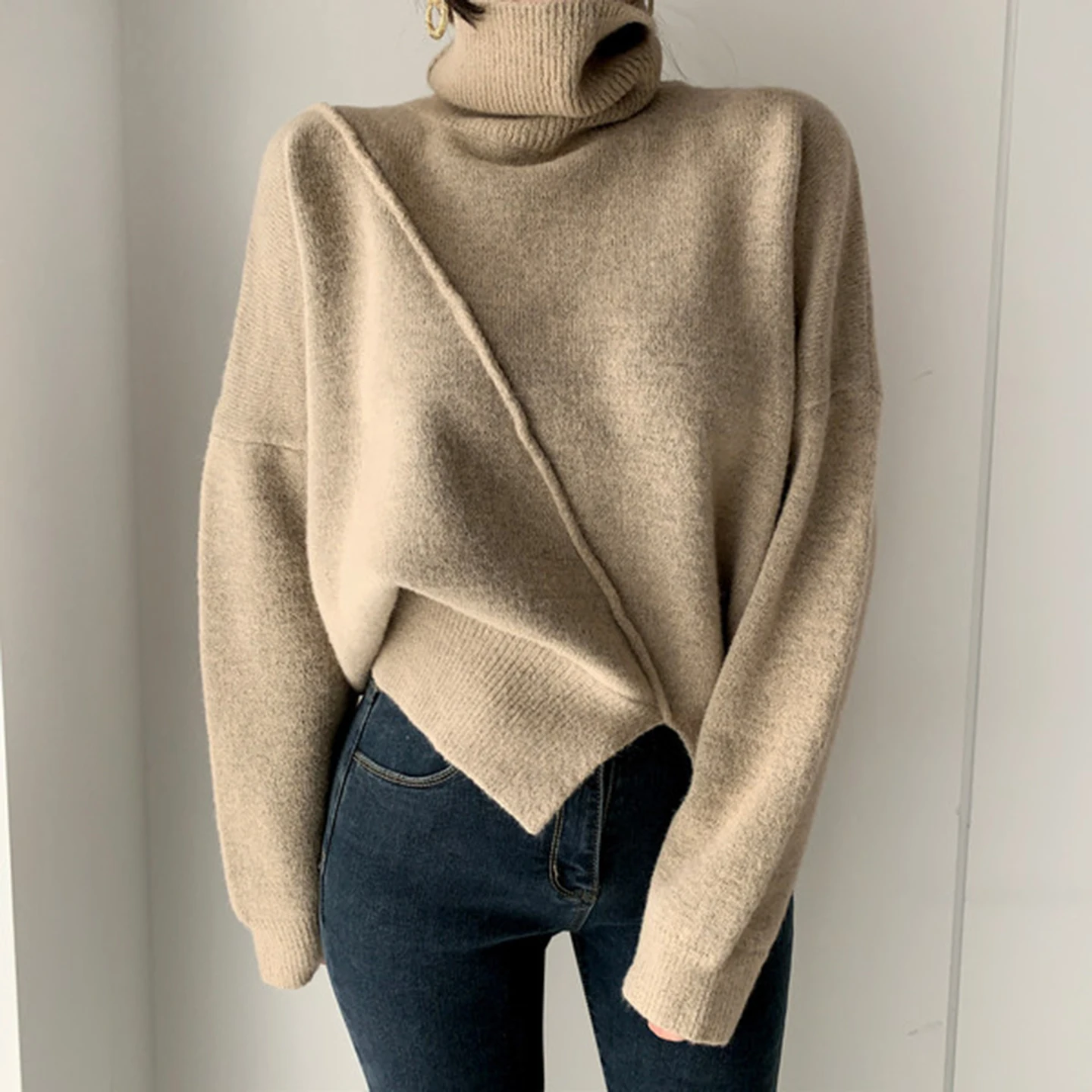 

Women Y2K Thermal Sweater High Neck Knit Top Diagonal Split Warm Winter Casual Long Sleeve