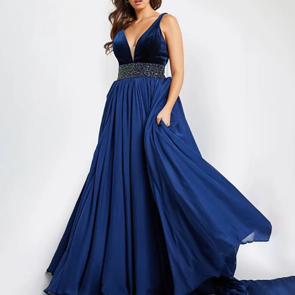 A-Line Chiffon Low V Open V Back Wide Sleeveless Embellished Belt Sweep Train Prom Dress