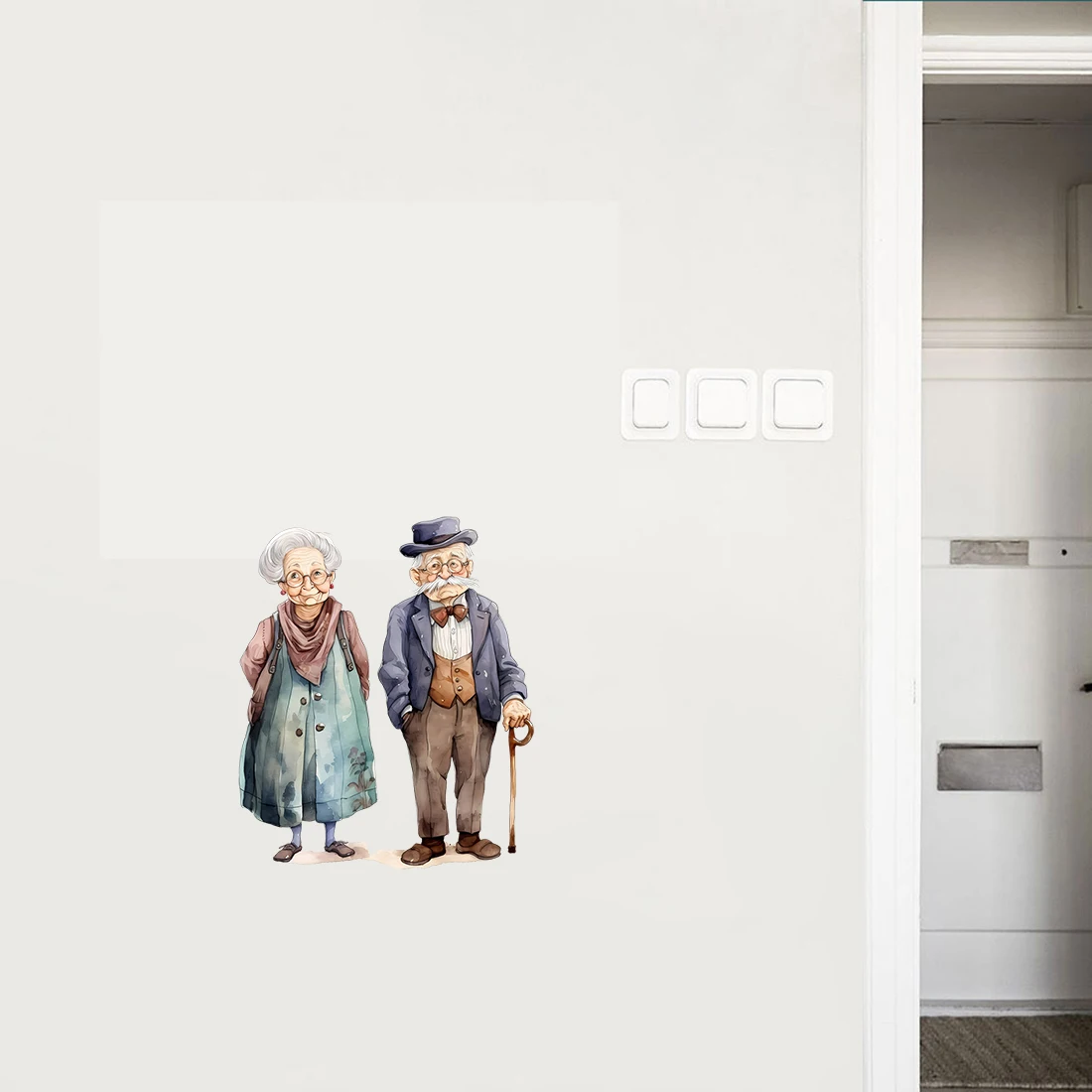 Three Ratels QB29 Kind and friendly old lady and grandfather nostalgic watercolor art cartoon stickers for home decoration