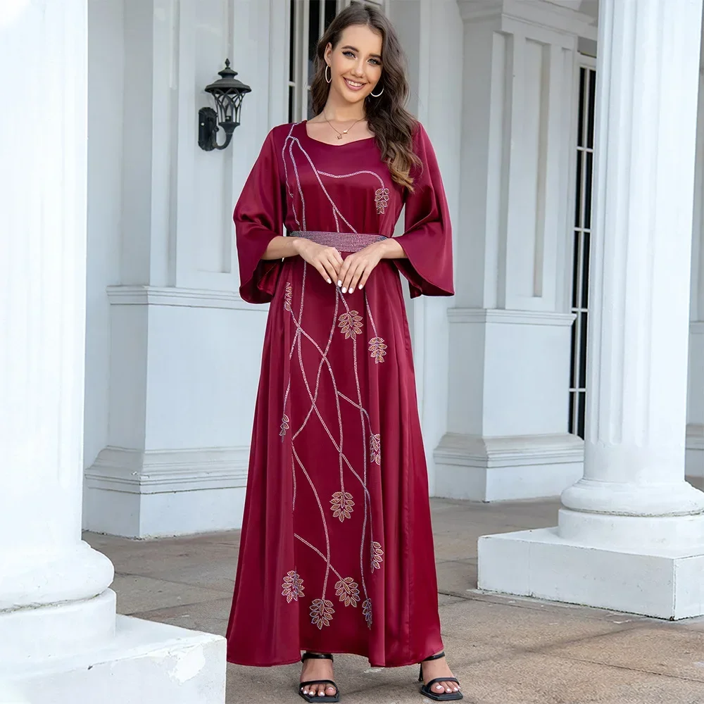 

2023 Muslim Abaya Women Dress Long-sleeved Leaf Pattern Long Dress Fashion with Diamond Belt Dress for Women Turkey Dubai Abayas