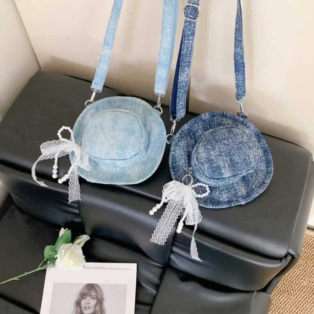 

Portable Vintage Denim Hat Crossbody Bag Large Capacity Bow Denim Canvas Bag Handbag Solid Color Jeans Shoulder Bag Students