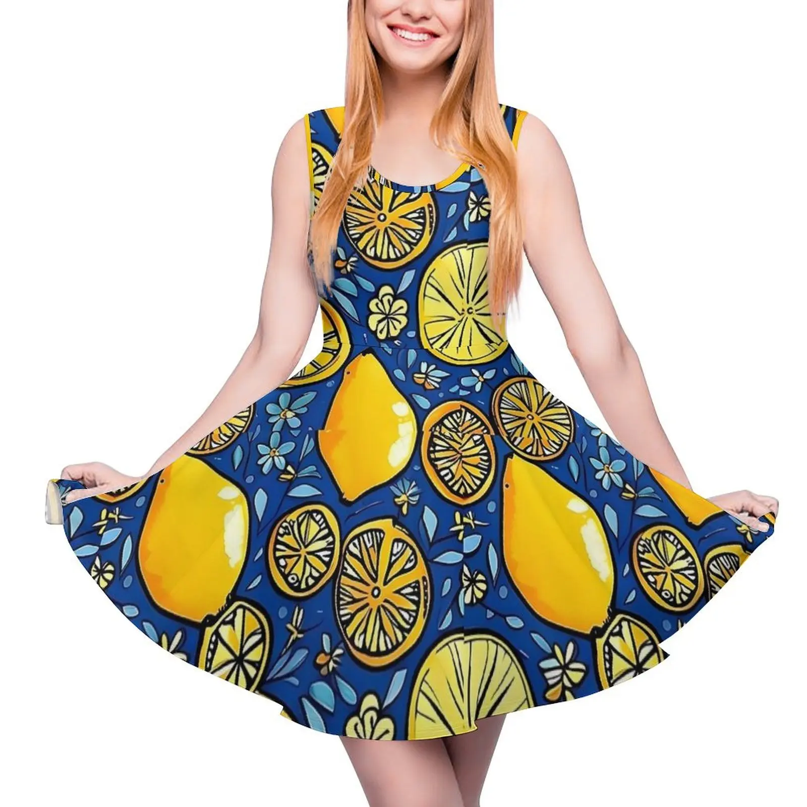 Lemon And Floral Dress Sleeveless Fruit Print Casual Dresses Summer Women Oversized Night Club Design Skate Dress