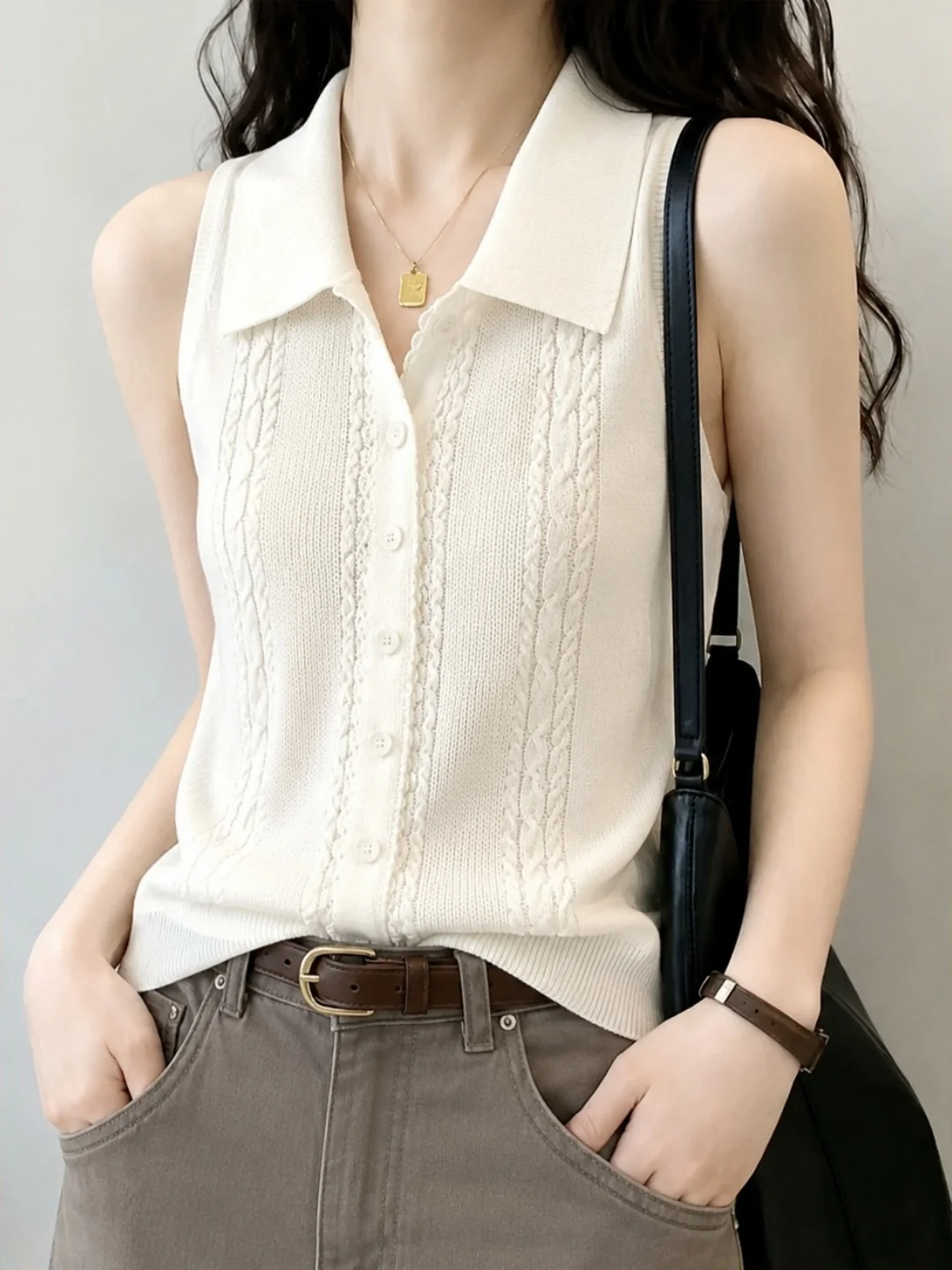 

Fashionable Summer Ice Silk Knitted Vest Collar Single Button Design Slimming Versatile Commute Top Korean Style Straigh...