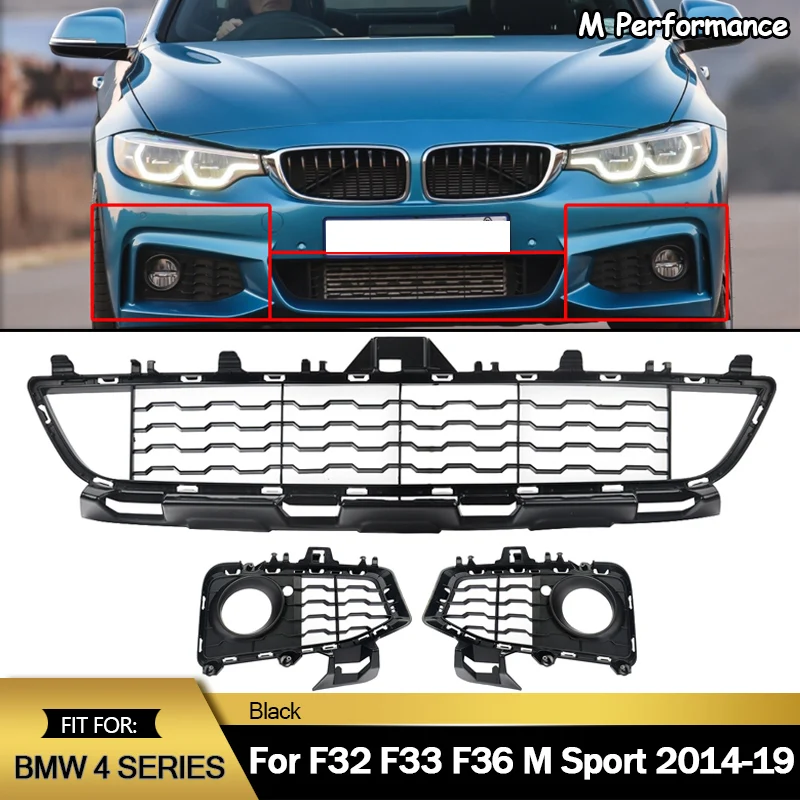 3 Pieces Grills Assembly Compatible with 2013-2020 BMW F32 F33 F36 428i M Sport Front Lower Grille + Fog Lights Grille Magickit