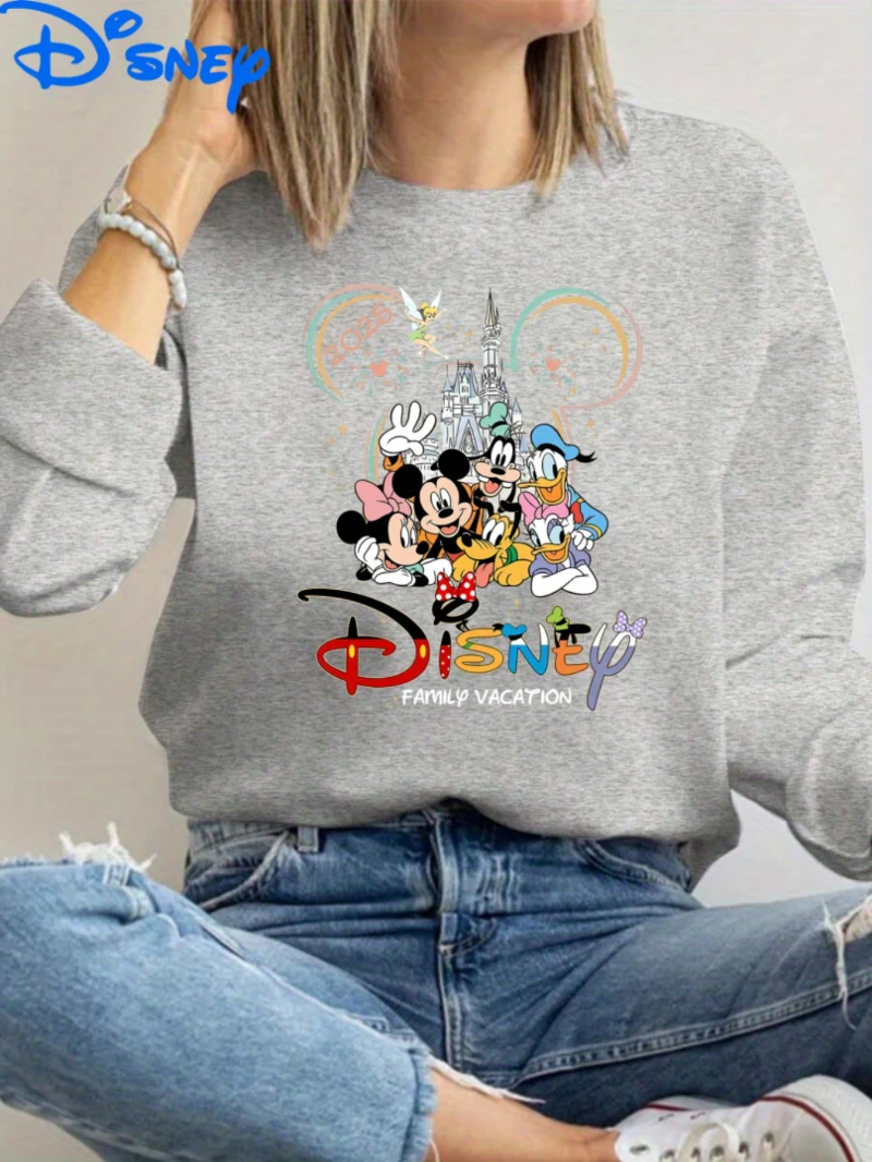 

Official Mickey Mouse Family Vacation Hoodie - Gray Casual Sweatshirt with Colorful Cartoon Design, Crew Neck, Long Sleeve