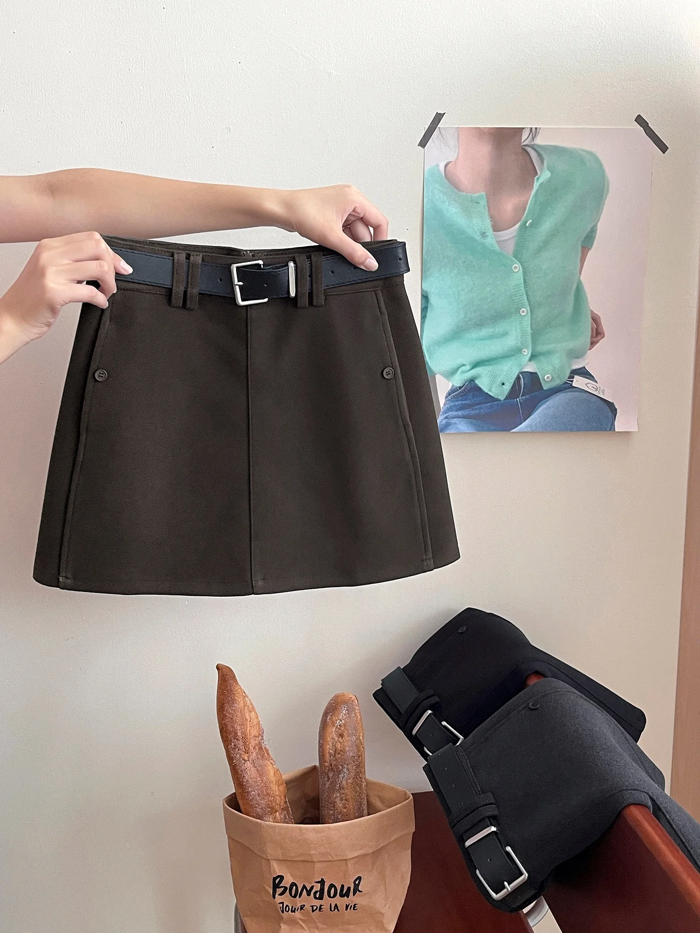 Large Size Korean Grey Woolen Suit Short Skirt Women's Fashionable Wrap A-Line  Skirt High Waist Versatile Half-length Skirt