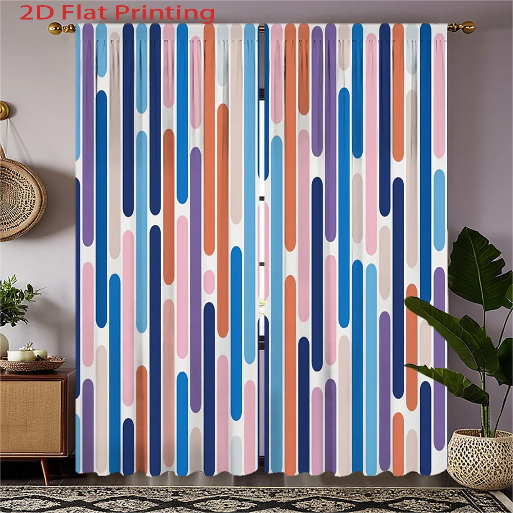Modern Geometric Curtains 2pcs – Bold Vertical Stripes in Pastel & Bright Tones, Contemporary Window Decor for Home