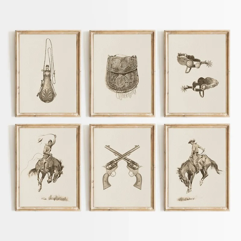 Antique Cowboy ​Western Horse Rider Vintage Sketch Rustic Country Poster Canvas Painting Wall Art Pictures Home Farmhouse Decor