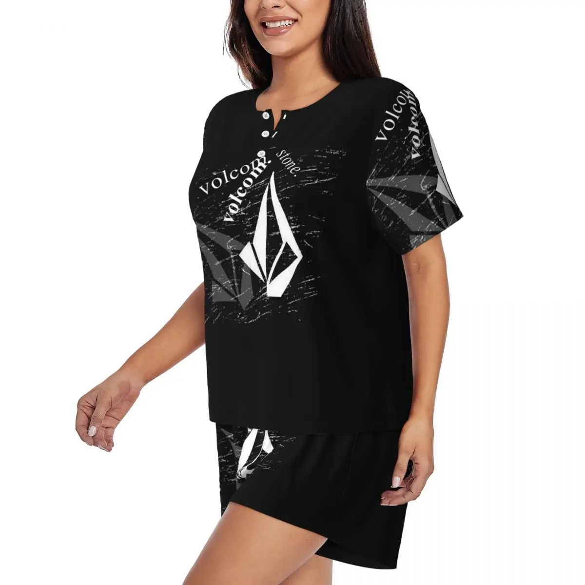 V-Volcom LogoRound Neck Short Sleeve Nightgowns for Sleeping Sleepshirts Women Loose Pajama Set Short Pants 5