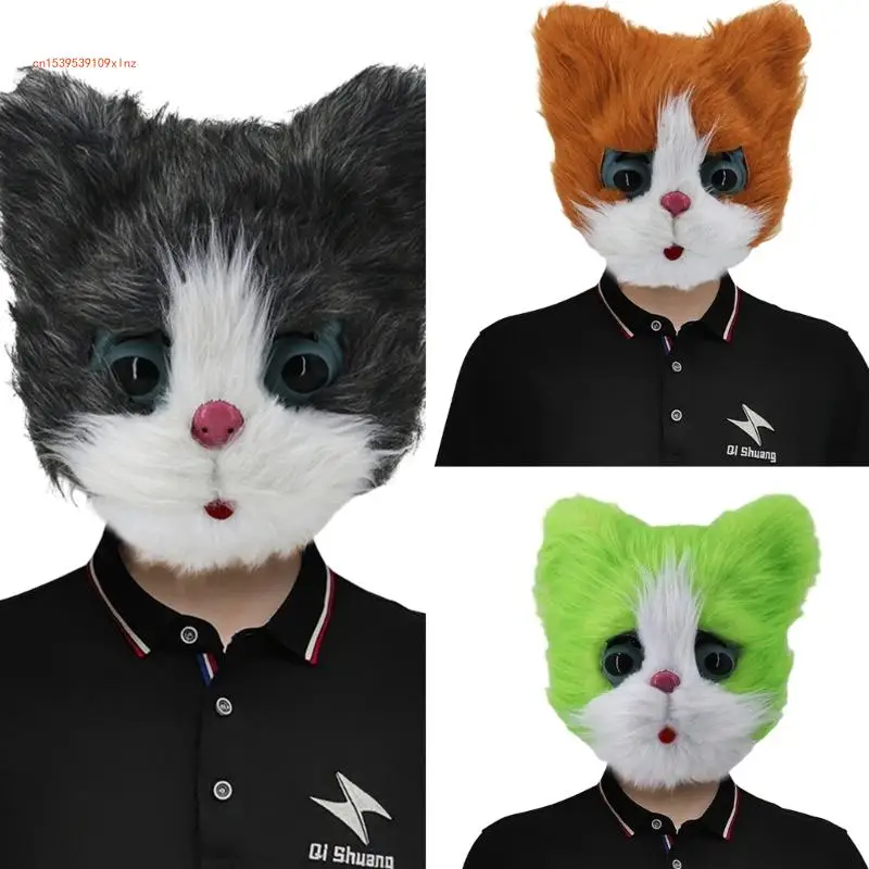 Masque tête d'animal d'halloween, couvre-tête chat en Latex réaliste, masque en fausse fourrure en peluche