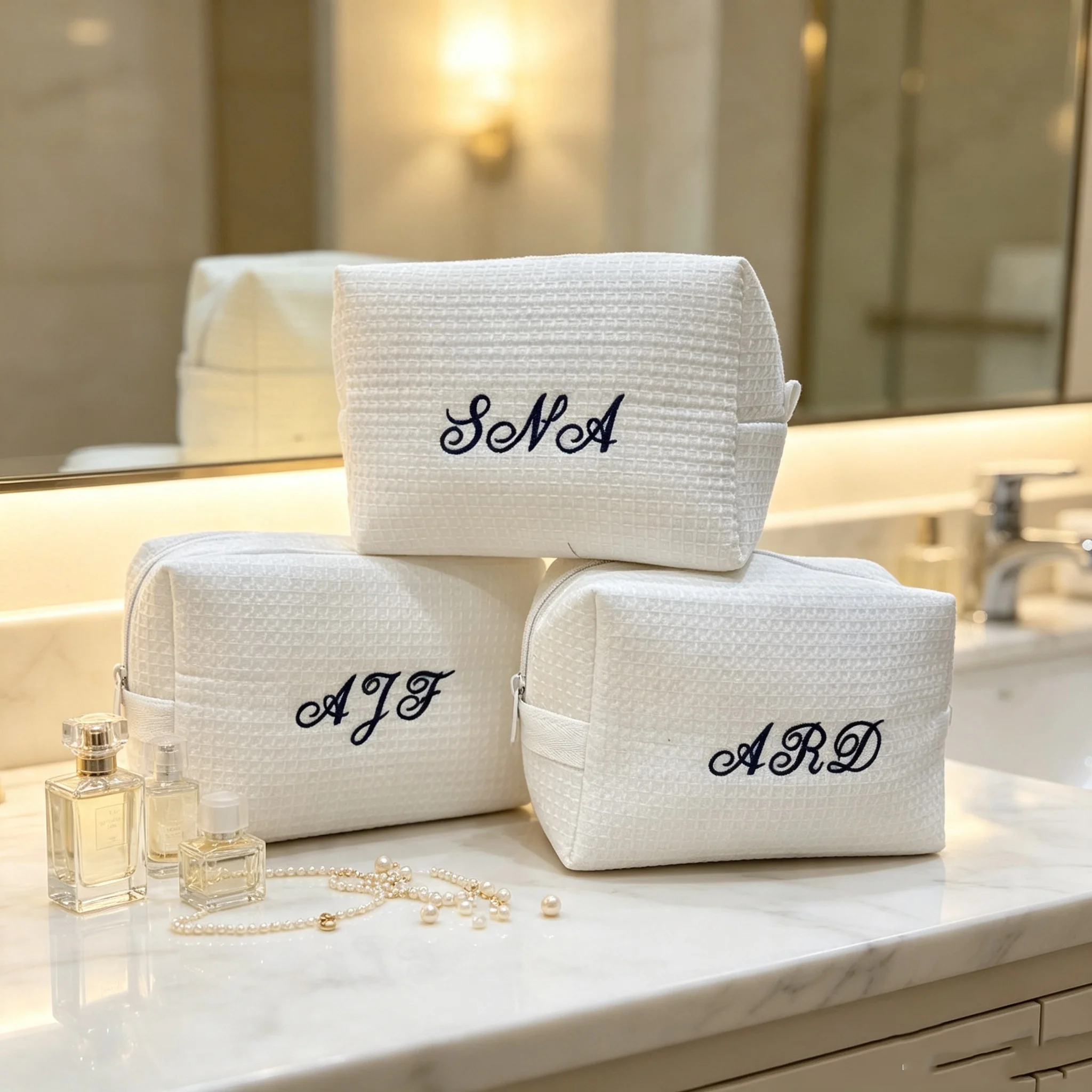 Embroidered Waffle Cosmetic Bag, Storage & Toiletry Bag, Personalized Monogram Toiletry Bag, Bridesmaid Makeup Bag, Bridal Showe