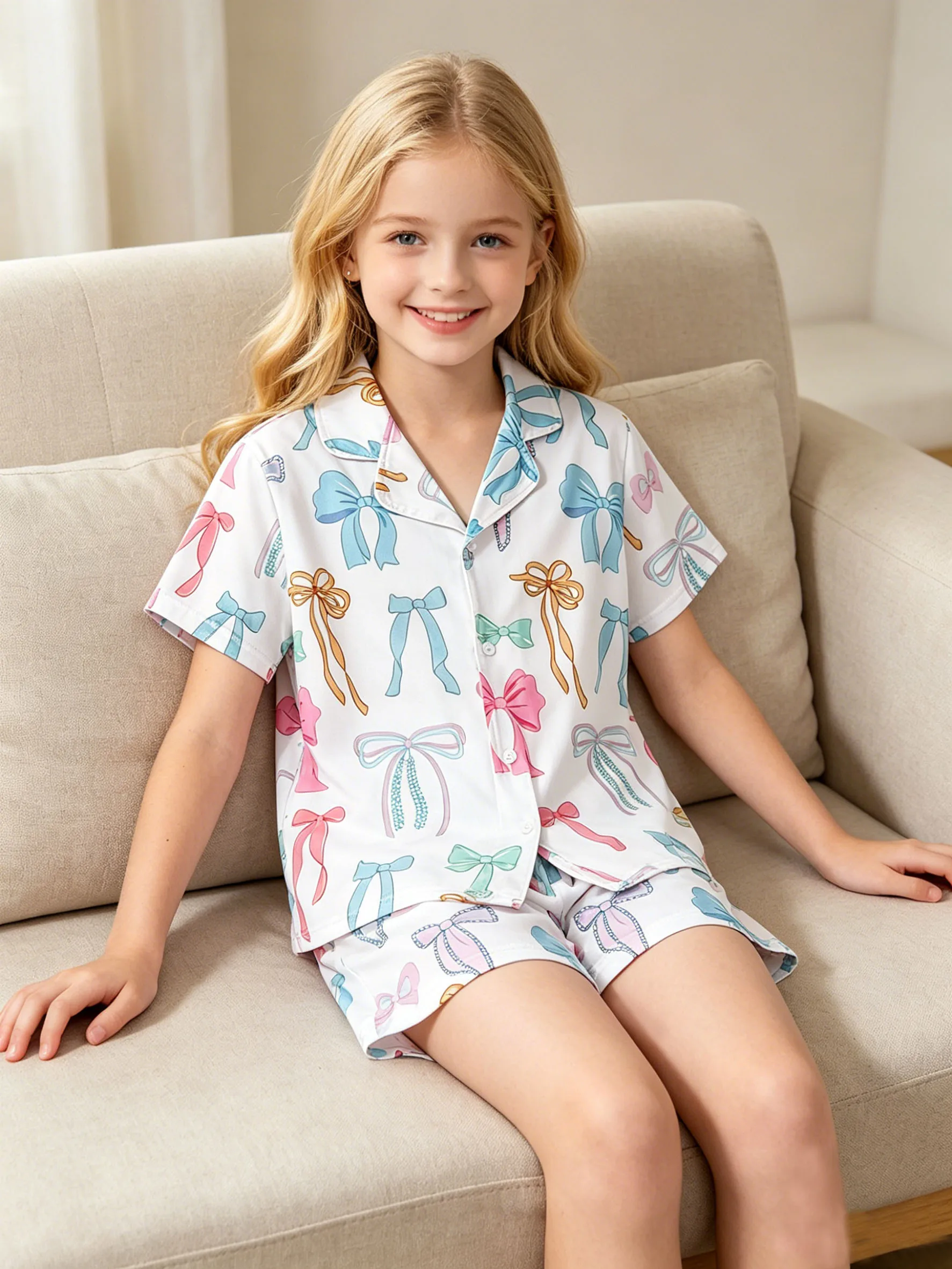 

Girls' fashionable home clothes for summer, girls' outdoor casual colorful bow pattern short sleeved shorts