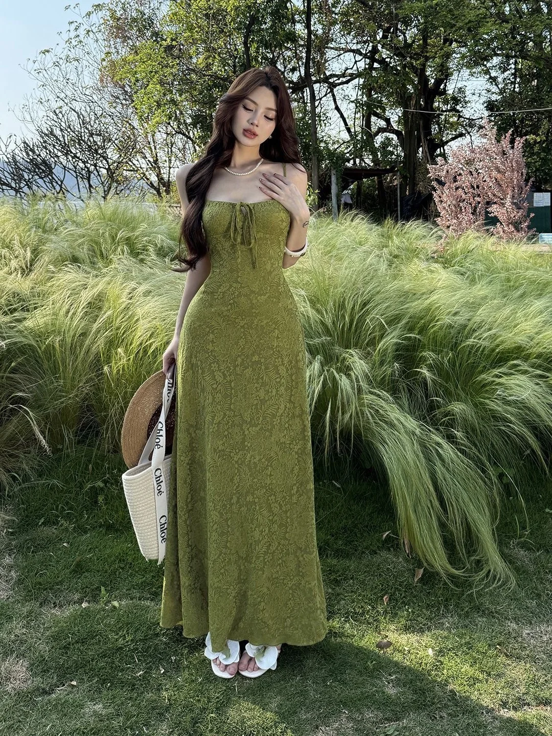 Sexy Green Strapless Long Dress Women's Summer Slim Fit Belted A-Line Dress Pure Desire Texture Casual Holiday Style Dress