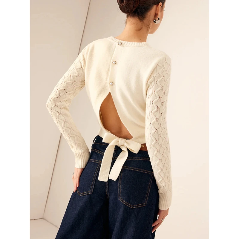 

Combhasaki женские ребристые пуловеры с круглым вырезом и открытой спиной с бантом и жемчужными пуговицами, однотонные трикотажные свитера с длинными рукавами