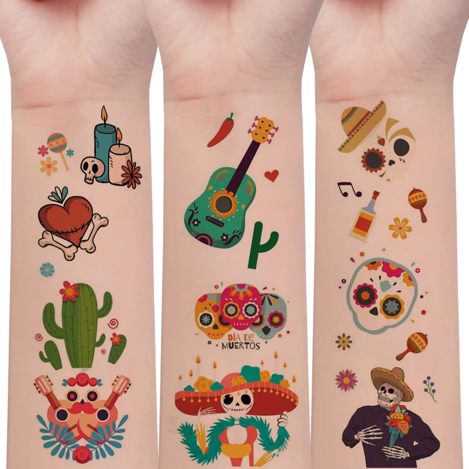 10 Sheets of 140 Skull Element Designs, Mexican Day of the Dead Series Temporary Tattoo Stickers, Skull, Cactus, Guitar Decorative Designs, Fake Tattoo Stickers, Waterproof, Can Be Used for 2-5 Days
