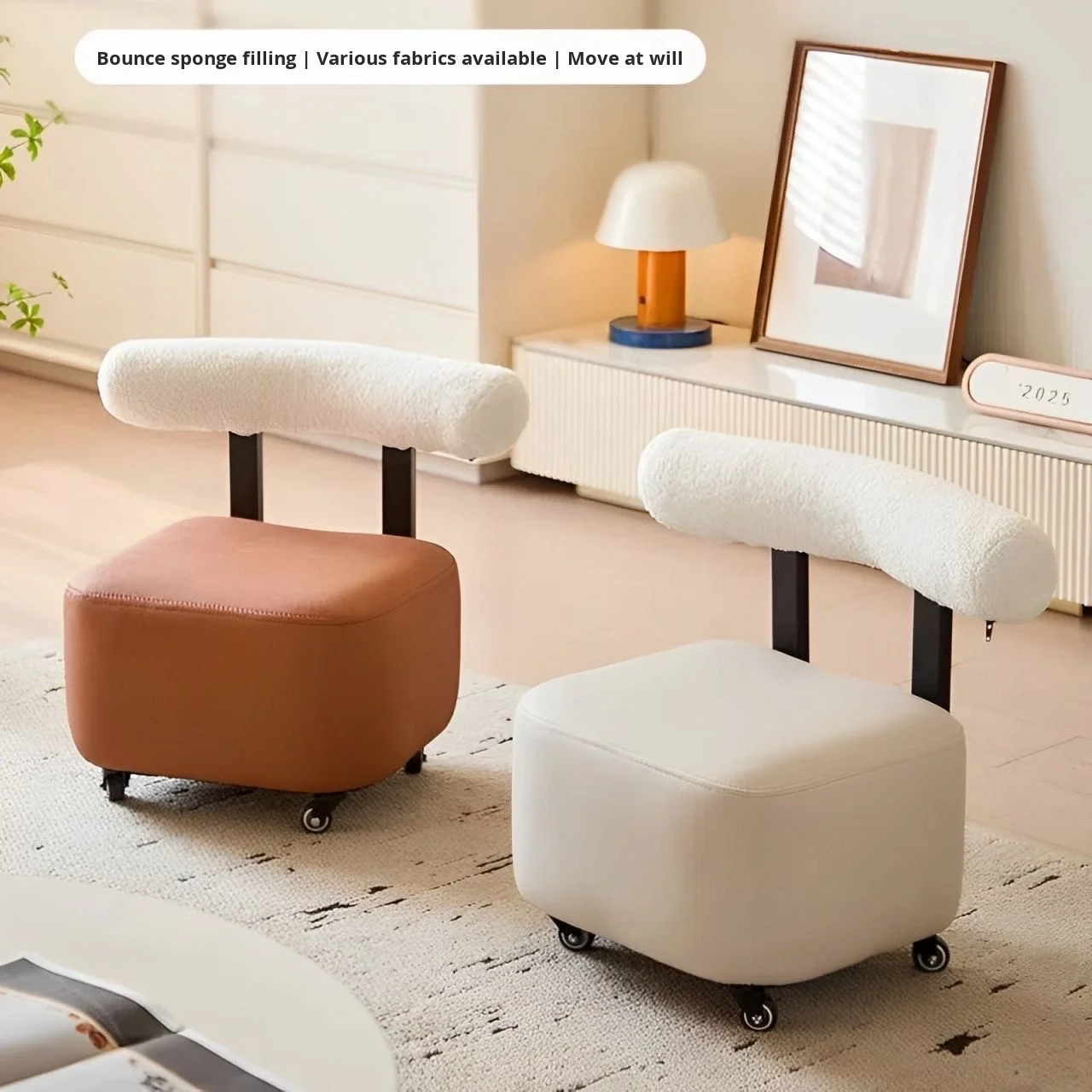 Light Luxury Medieval Retro Leather Chair Free 360° Rotation Tufted Shoe Bench Modern 360° Silent Small Stool for Living Room