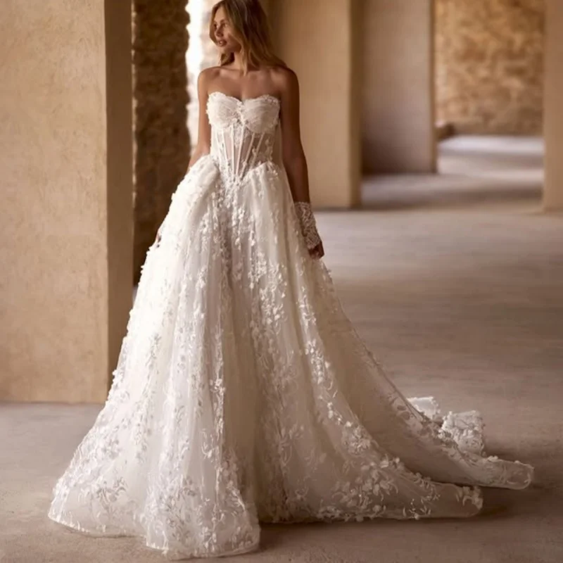 White Appliques Wedding Dresses off-shoulder A skirt glitter 3D flower decal Gowns Made wedding dress Customized