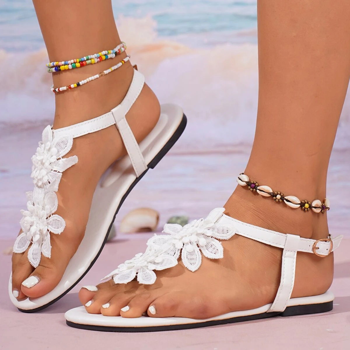 

Женские сандалии, новые летние пляжные сандалии с цветочным узором на пятке, женские пляжные женские туфли на плоской подошве в богемном стиле с цветами, Zapatos De Mujer