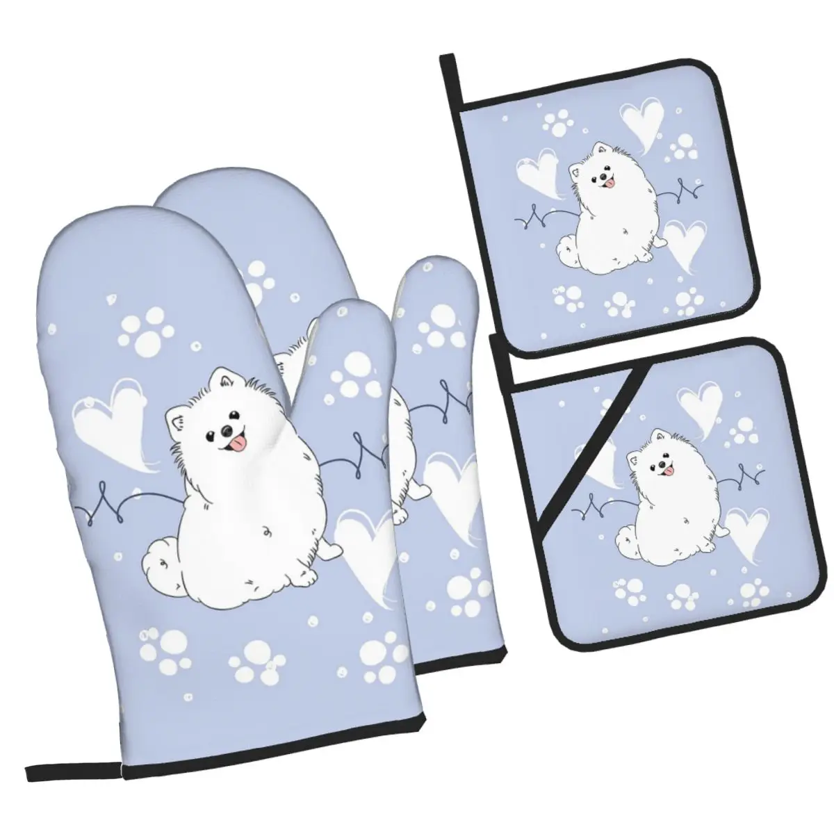 

Love White Pomeranian Oven Mitts and Pot Holder Sets of 4 for Baking Kitchen Cooking BBQ Resistant Non-Slip Gloves