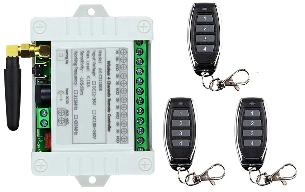 Smart Multiple DC 12V 24V 36V 433MHz 4CH 4 Channel Wireless 10A Relay RF Remote Control Switch Receiver Transmitter For Garage