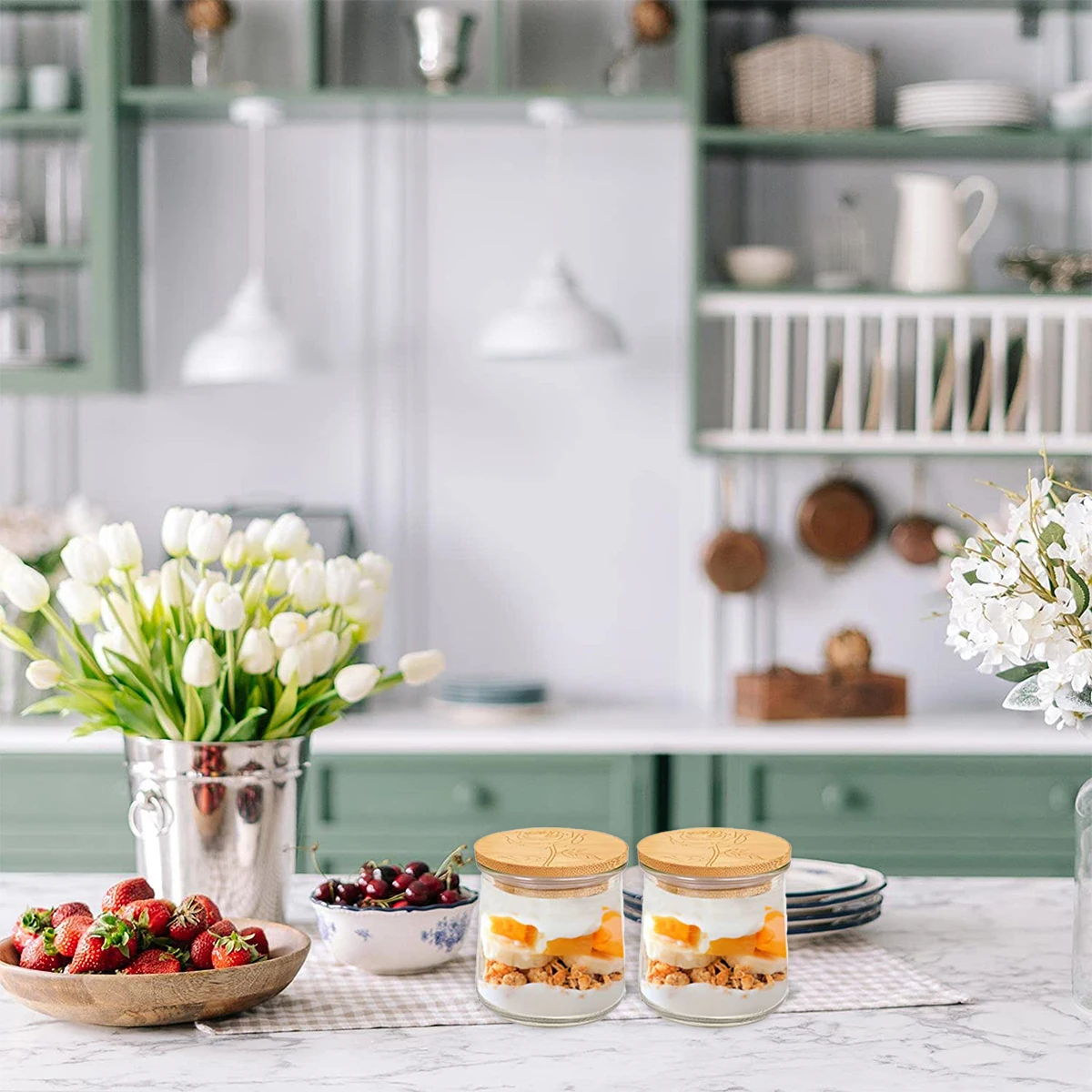 أغطية برطمانات الخيزران Oui مع حلقات مانعة للتسرب من السيليكون ، أغطية تخزين الفم الواسعة ، نمط الورد ، خالية من بيسفينول أ ، 6 عبوات ، 68 ~