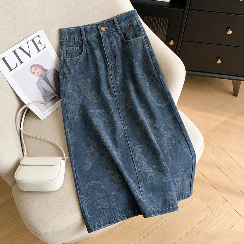Vintage Jacquard Slit Midi Skirt for Women 2026 Auutmn Straight Leg Loose A-line Skirts Zipper High Waist Blue Woman Clothes