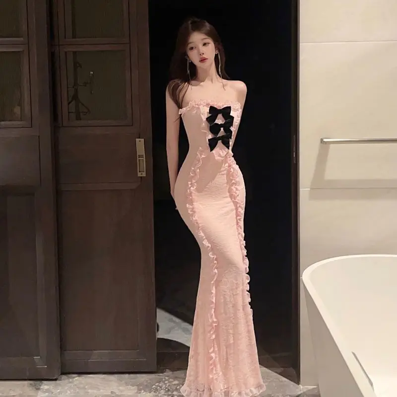 Korejepo Niche Light Luxury Dresses Pink Lace Tube French Sexy Ruffle Bow Fashion Elegant Temperament Long Dress Vestido 2024