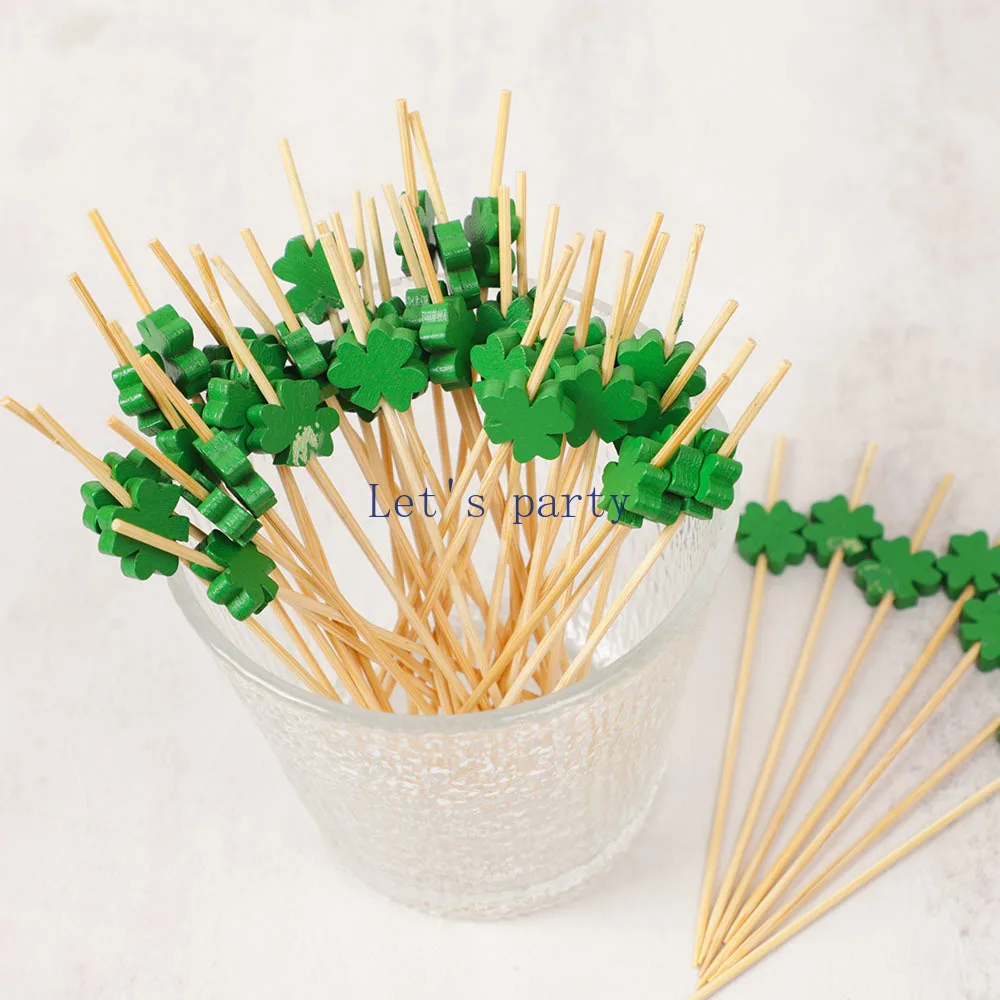 100Pcs St. Patrick's Day Theme Disposable Bamboo Food Picks Shamrock Dessert Fruit Forks for Birthday Irish Saint Party Decor