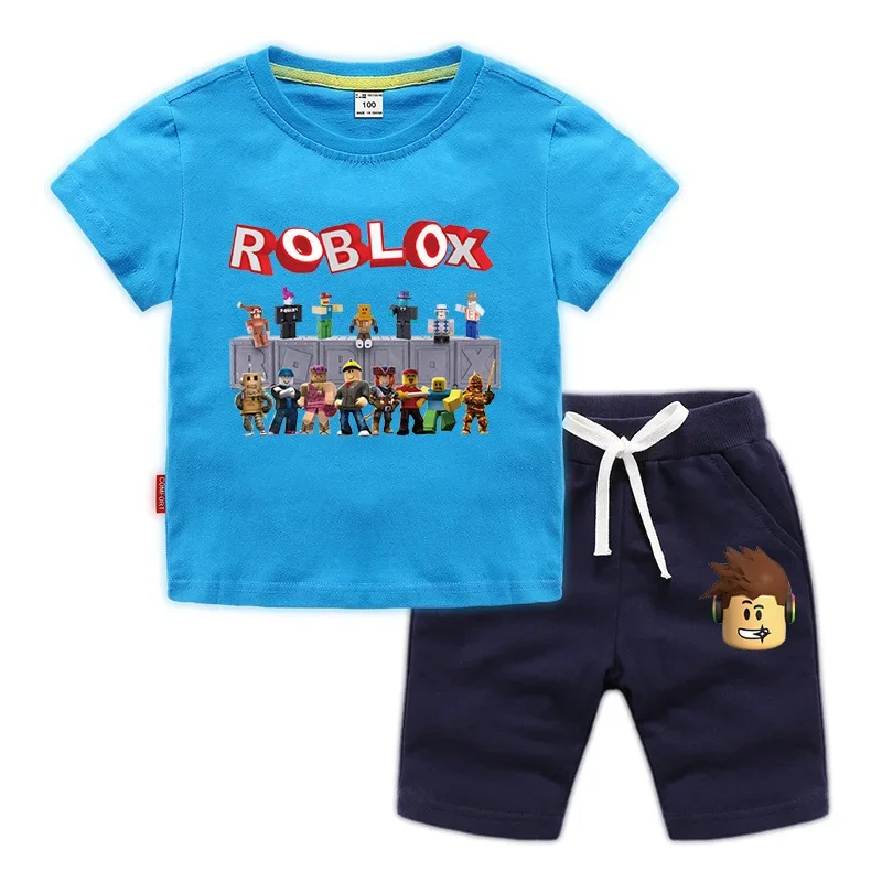 เกม Roblox เสื้อผ้ากางเกงขาสั้นแขนสั้นเสื้อยืดชุดเด็ก Homewear ชุดผ้าฝ้ายชุดนอนฤดูร้อนของขวัญวันเกิด