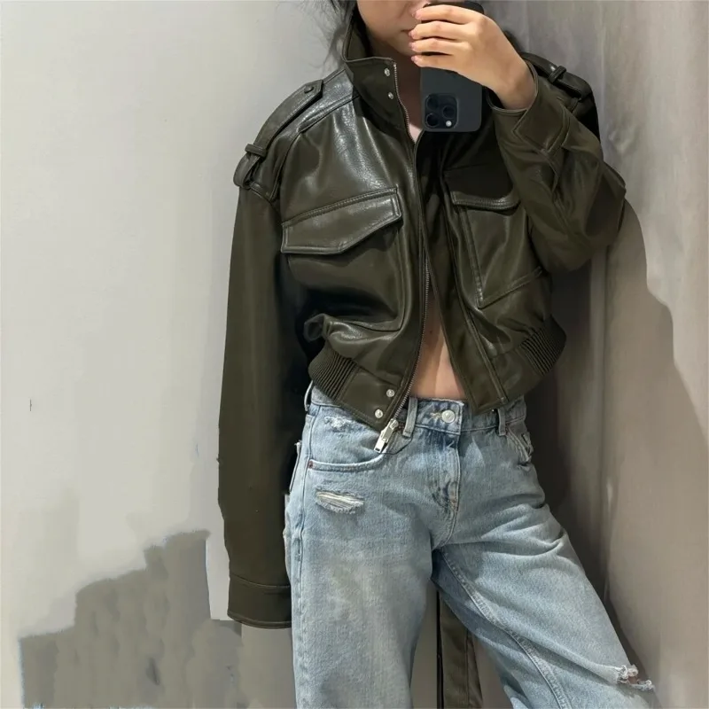 New Autumn Fashion Casual Faux Leather Stand-up Collar Long-sleeved Jacket.distinctive Street Solid-color PU Leather Short Coat.