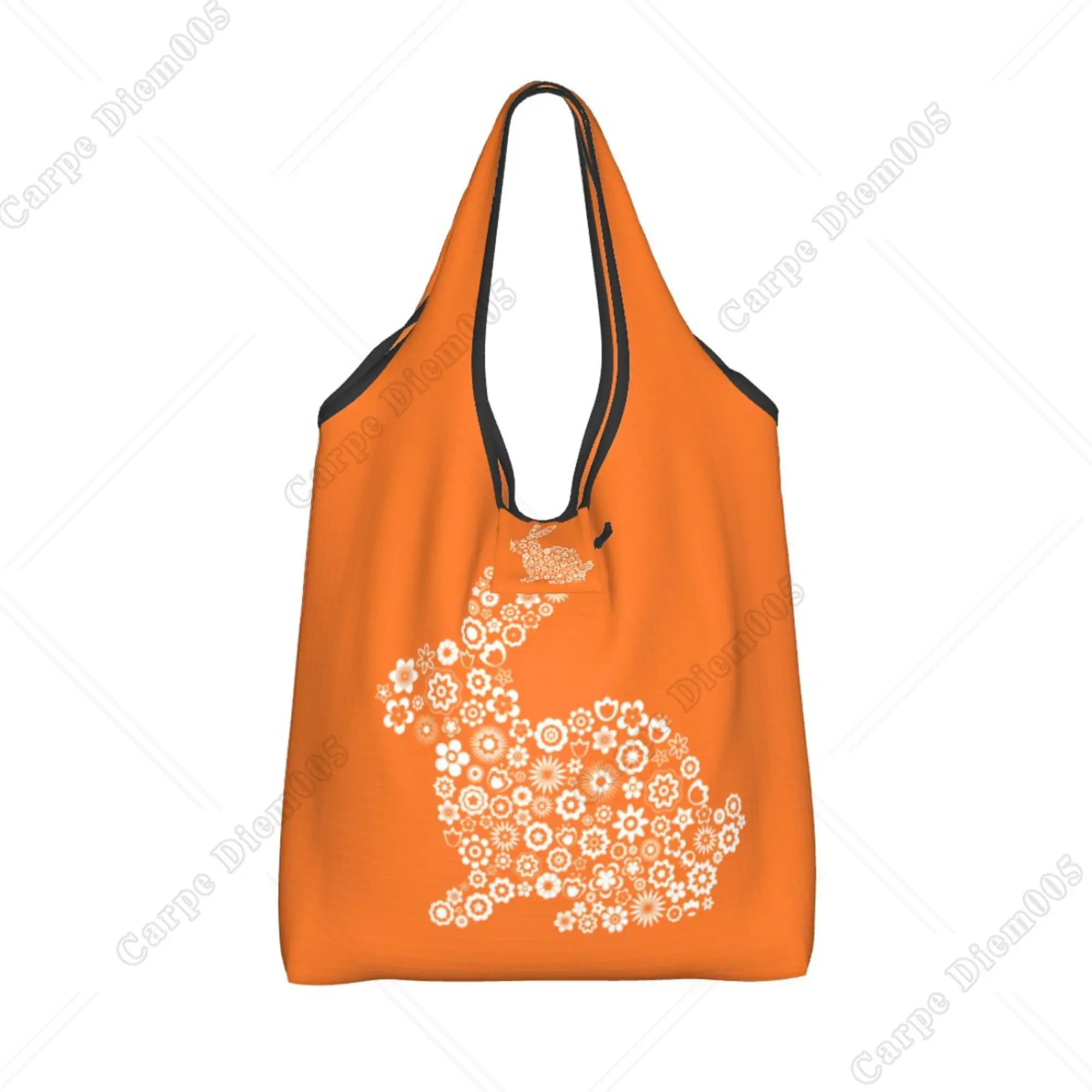 Easter Bunny Floral Orange Folding Shopping Bag Portable Tote Bag Recyclable Grocery Bags for Men Women Outdoor Shopper