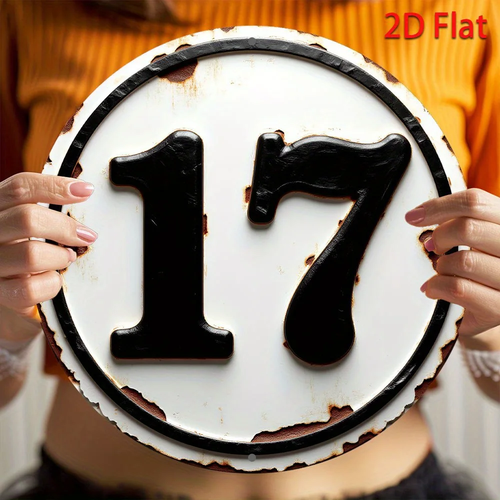 2D Flat - 1pc 8-Inch Round Metal Iron Sign, Number 17 Wreath Design, Rustic Holiday & Spring Decor for Home, Garden, Office - We
