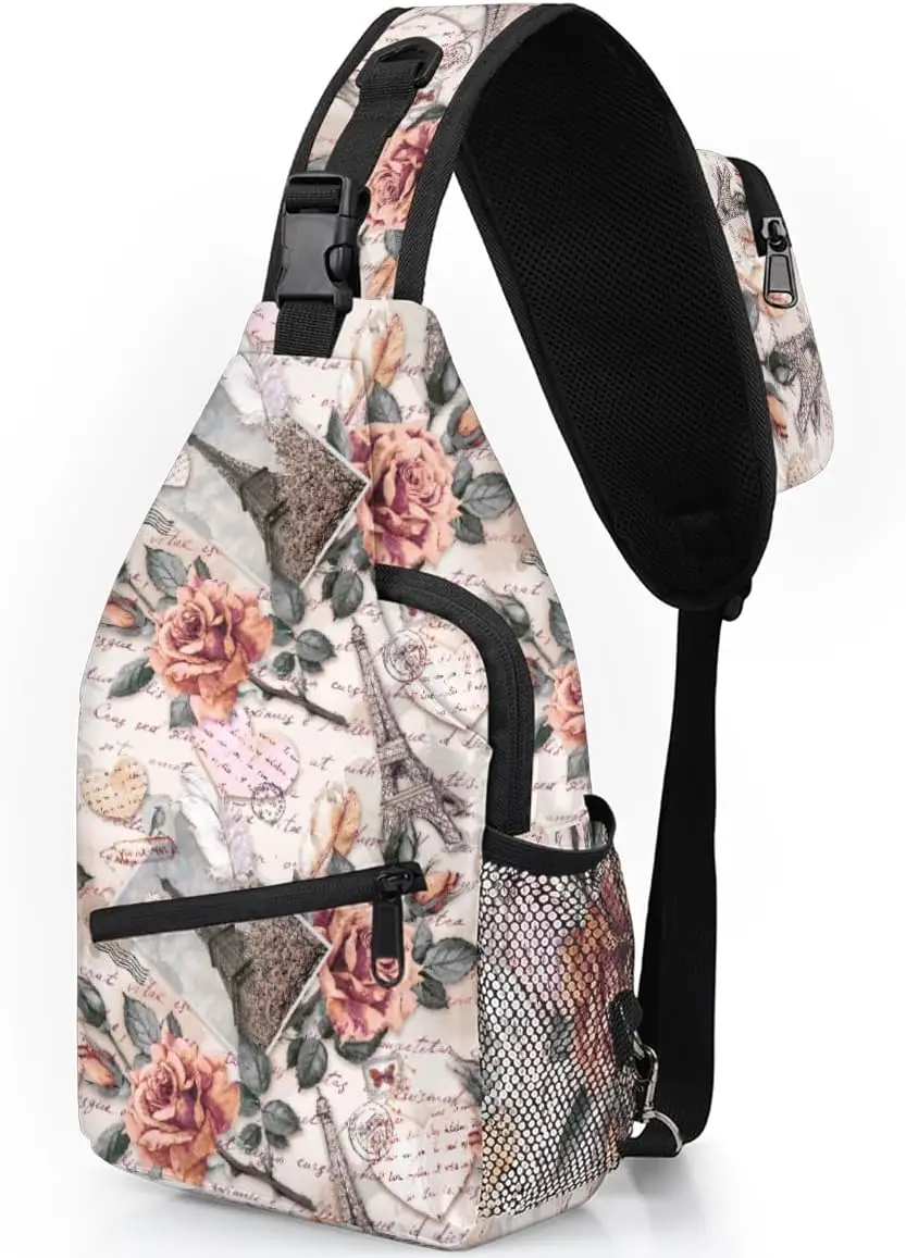 Rose Paris Tower Letter Sling Backpack for Women Men Waterproof Antitheft Chest Bag Lightweight Travel Crossbody Shoulder Bag fo
