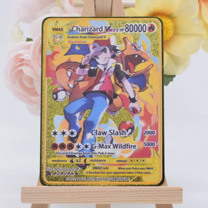 Poke Card TAG TEAM VMAX GX V English Metal Card Anime Charizard Mewtwo Blastoise Poké Shiny Letters Game Collection Card